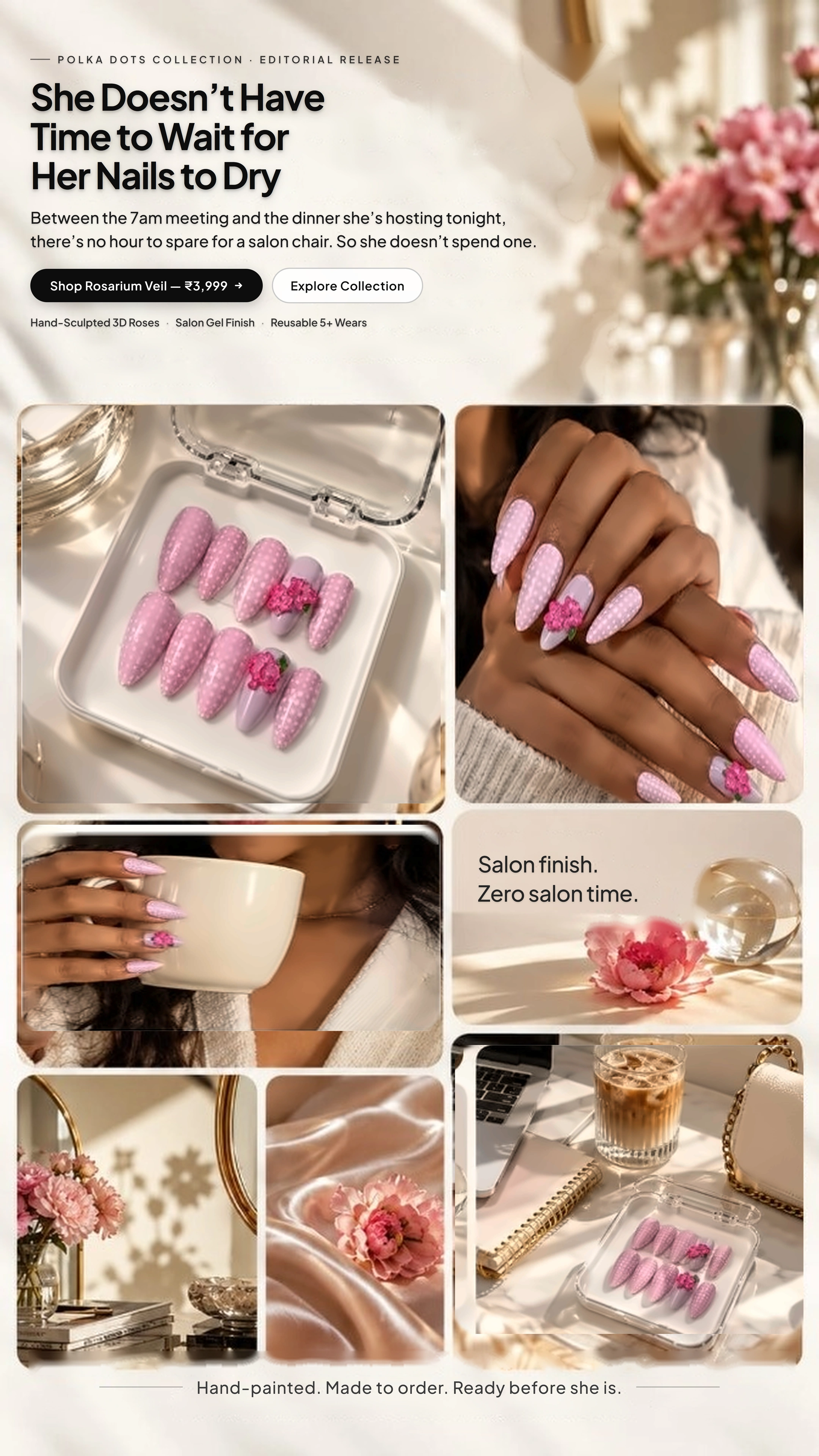 Rosarium Veil Luxury Handcrafted Press-On Nails Mobile Editorial Collage - She Doesn’t Have Time to Wait for Her Nails to Dry