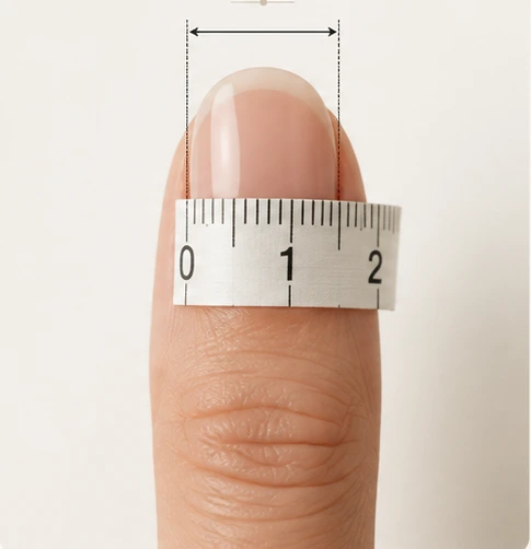 A tape measure wrapped around the widest part of a thumb nail, with an arrow marking the width being measured