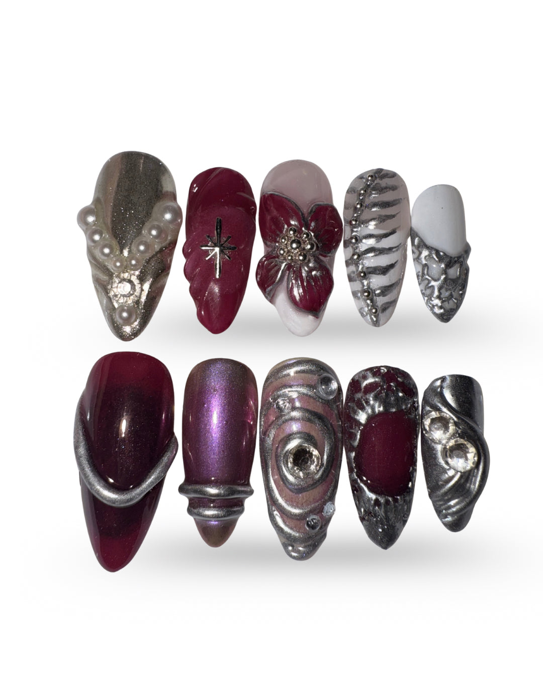 Collection of decorative nail art designs on a white background chrome nail set 3D flower nail set  purple nail set