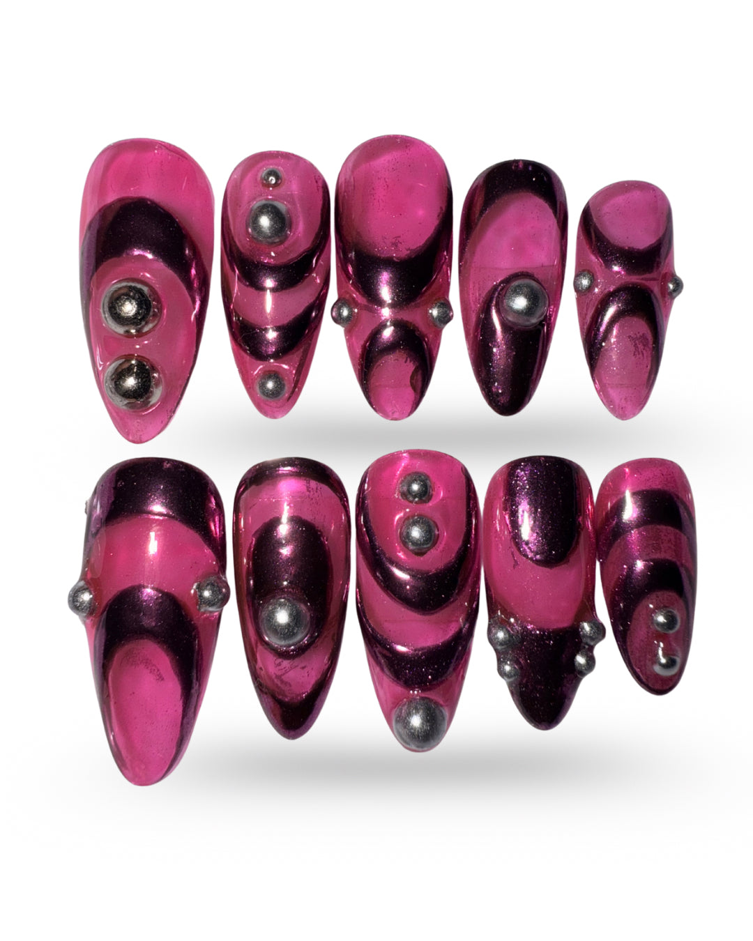 Set of pink and purple nail extensions with silver balls on a white background pink chrome nail set abstract nail set 