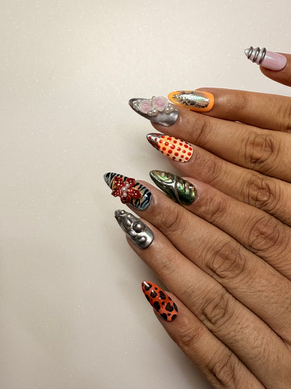 Close-up of hands with intricately designed nails on a light background nail art luxury press-on nail set chrome 3D flower nail set, pearl nails