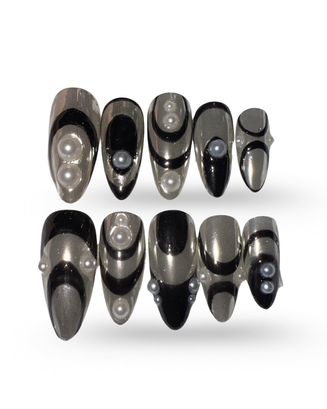 Set of black and silver nail tips with pearls on a white background silver chrome nail set abstract nail set 