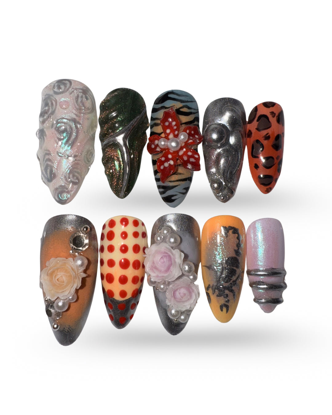 Collection of variously designed nail art luxury press-on nail set chrome 3D flower nail set, pearl nails, and playful designer prints samples on a white background