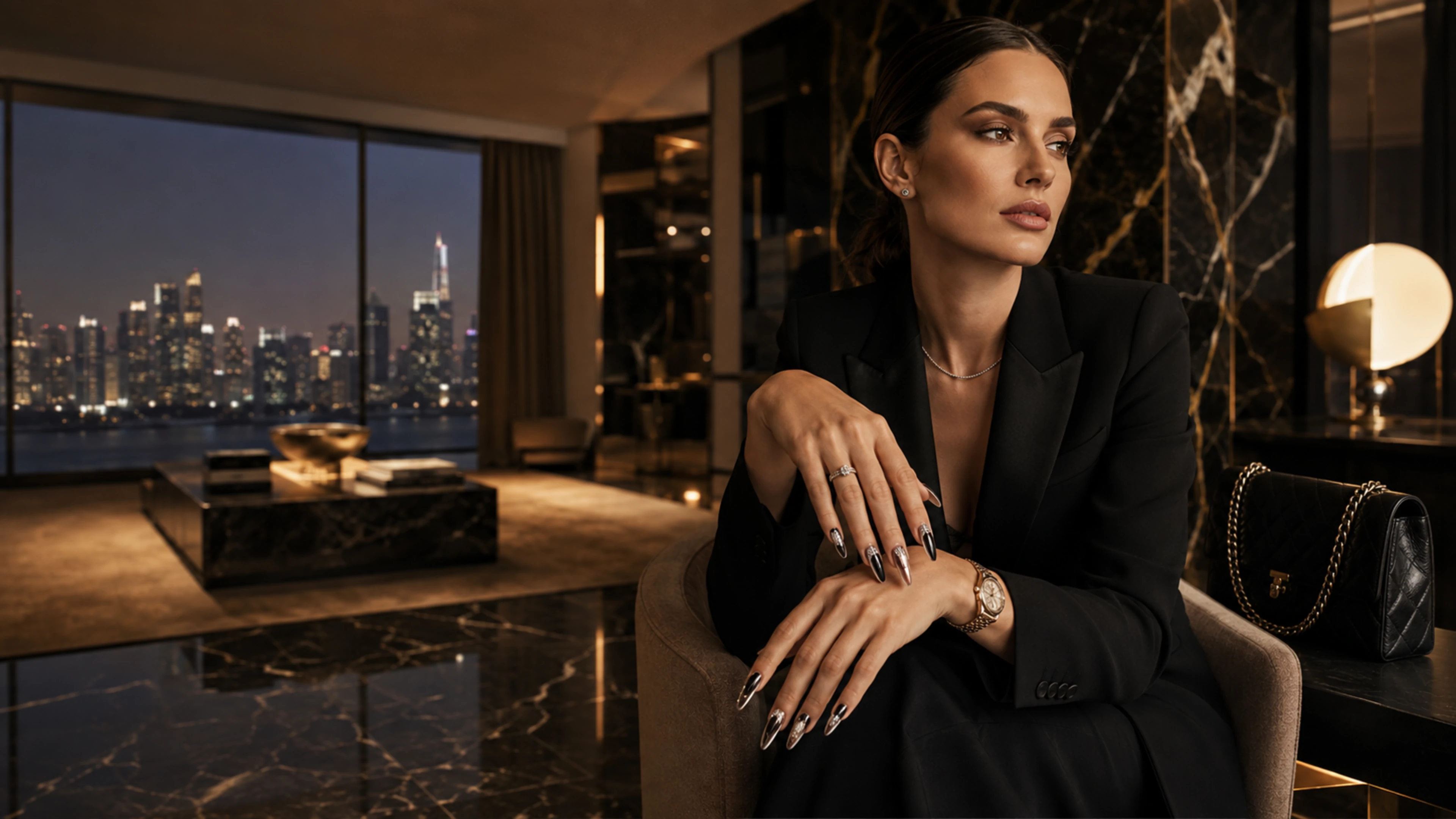 Woman in a black blazer seated by a floor-to-ceiling window overlooking a lit city skyline at night, showing chrome and silver metallic press-on nails with a gold watch