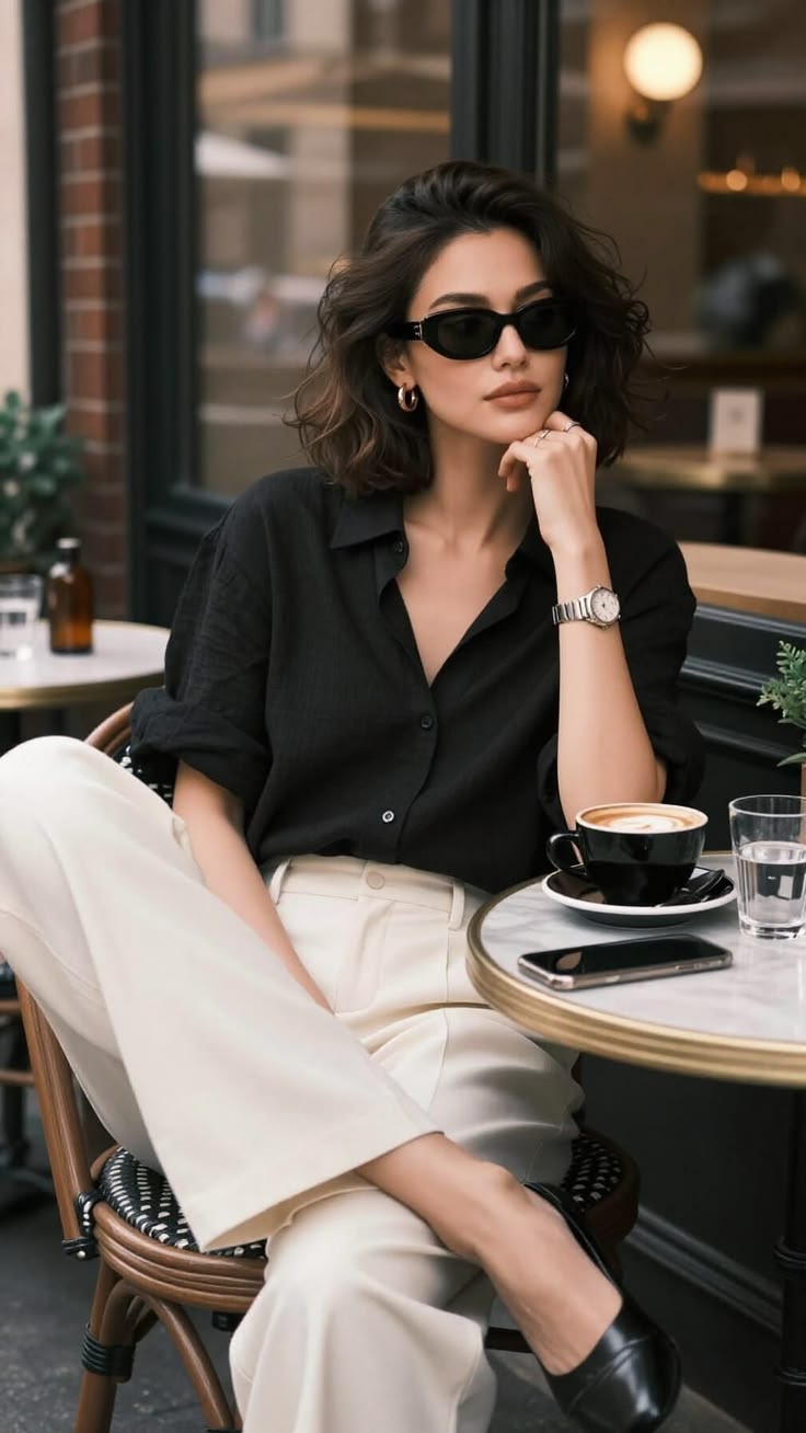 Woman in a black shirt and cream trousers at an outdoor café table, a ring and watch visible on the hand resting under her chin