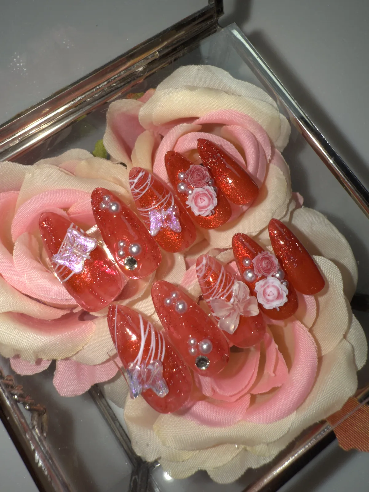 RED ROSE. Hand-painted universal designs press-on nails